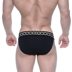 Black briefs with silver chain-link waistband pattern metroMalewear asian bikini metal black 3004-M20 front view