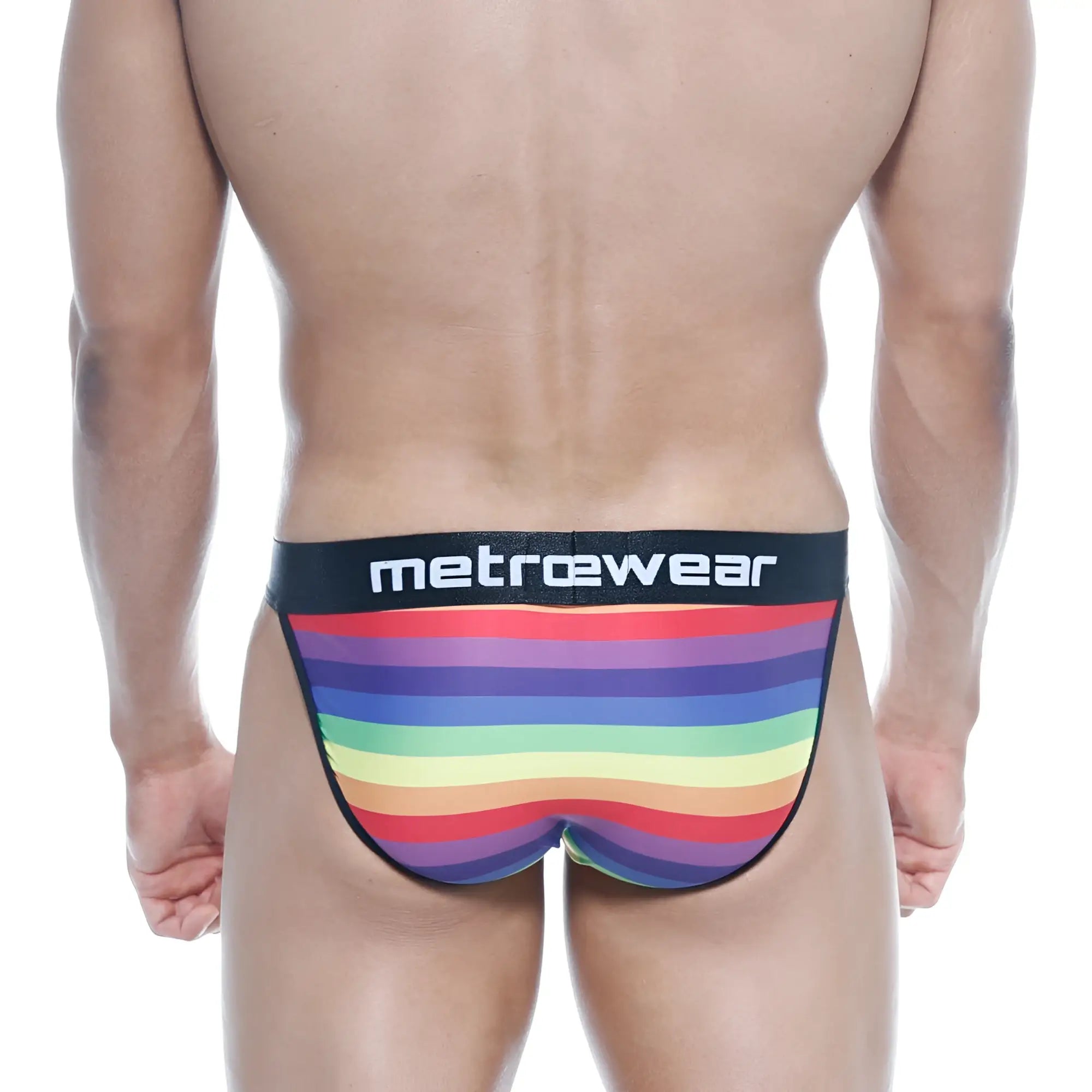 MetroMaleWear Asian bikini rainbow 3004-06 men’s briefs with rainbow stripes and black waistband with metrowear logo