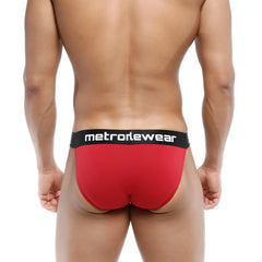 Red metrowear briefs with a black waistband and white lettering from metromalewear asian bikini terracotta collection