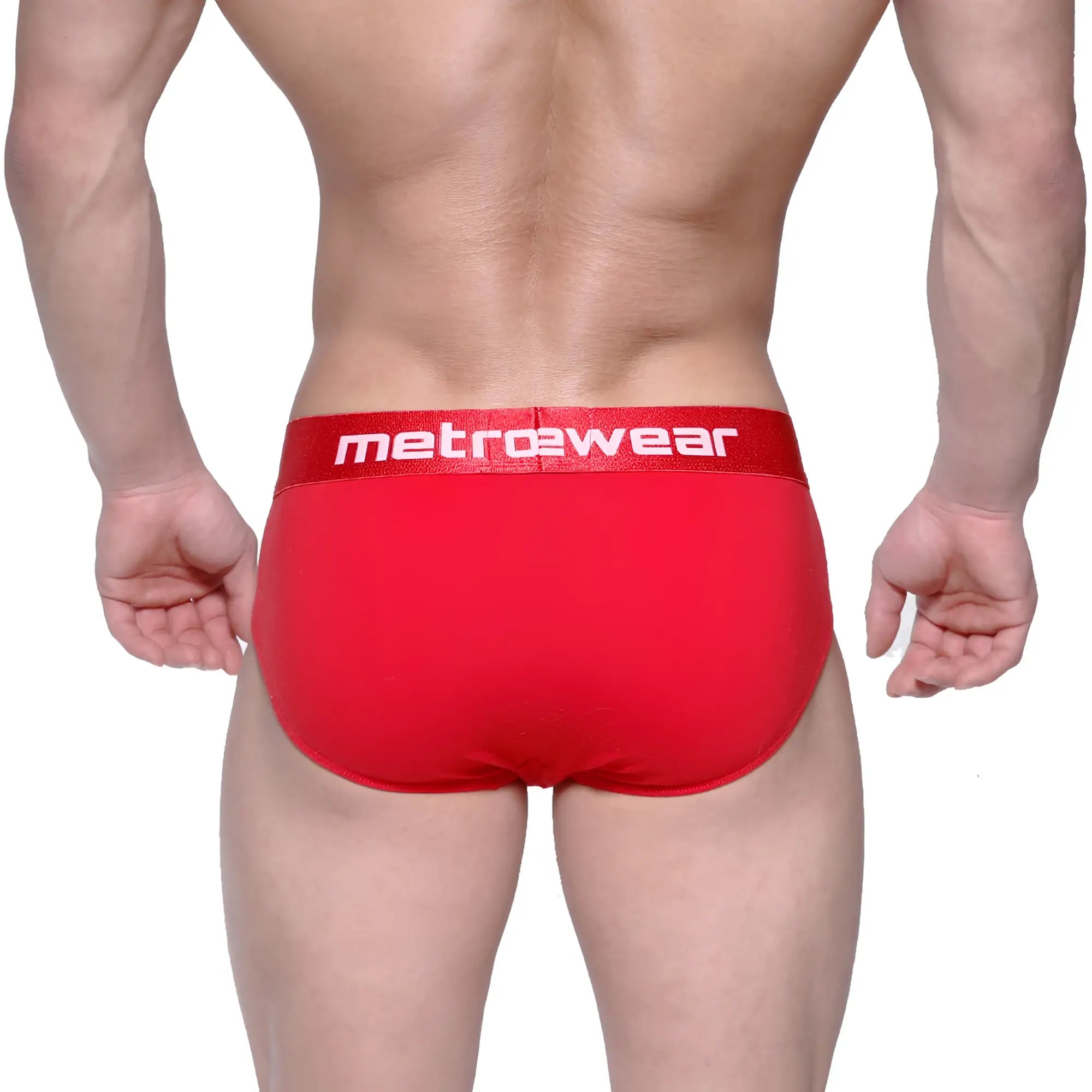 Red metrowear briefs with white logo waistband featuring soft breathable fabric for comfortable daily wear