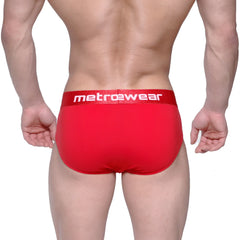 Red metrowear briefs with white logo waistband featuring soft breathable fabric for comfortable daily wear