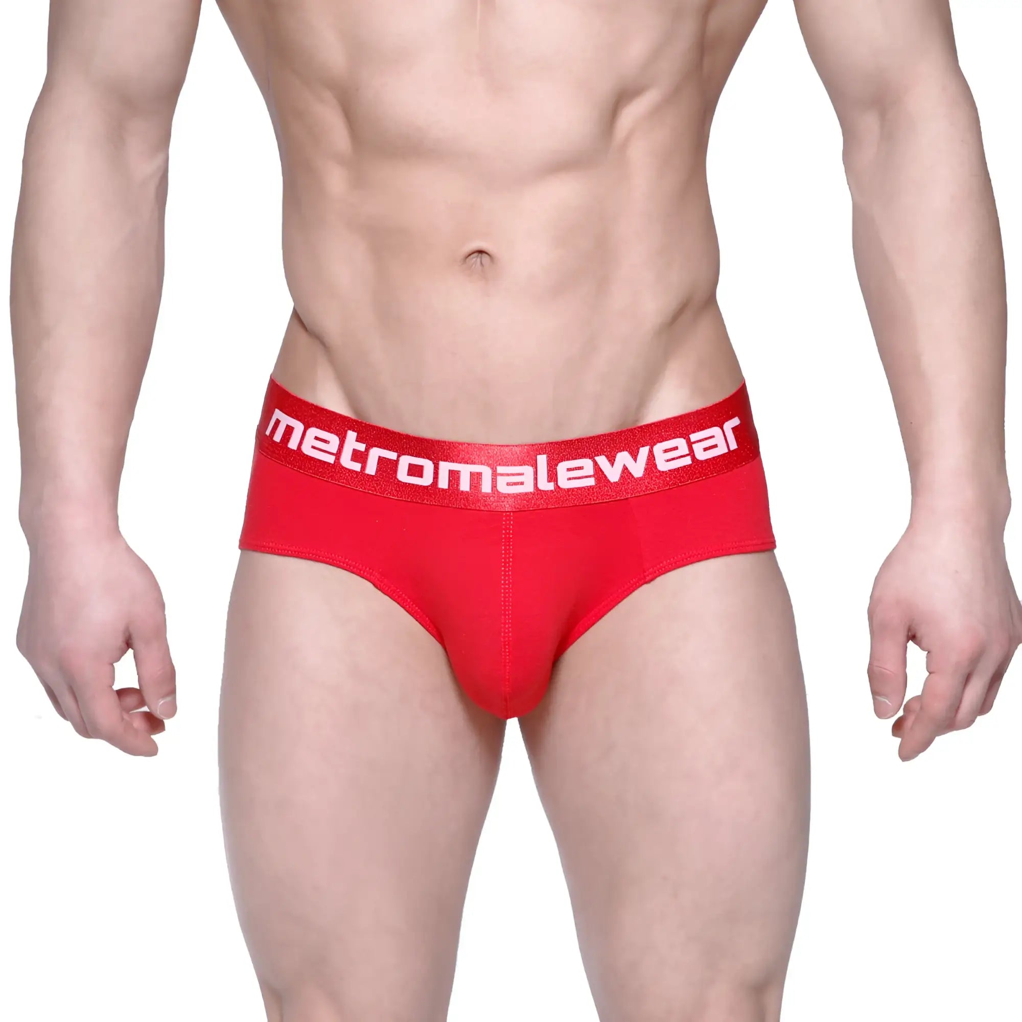 Red metromalewear briefs in crimson with a white logo band designed for comfortable everyday wear