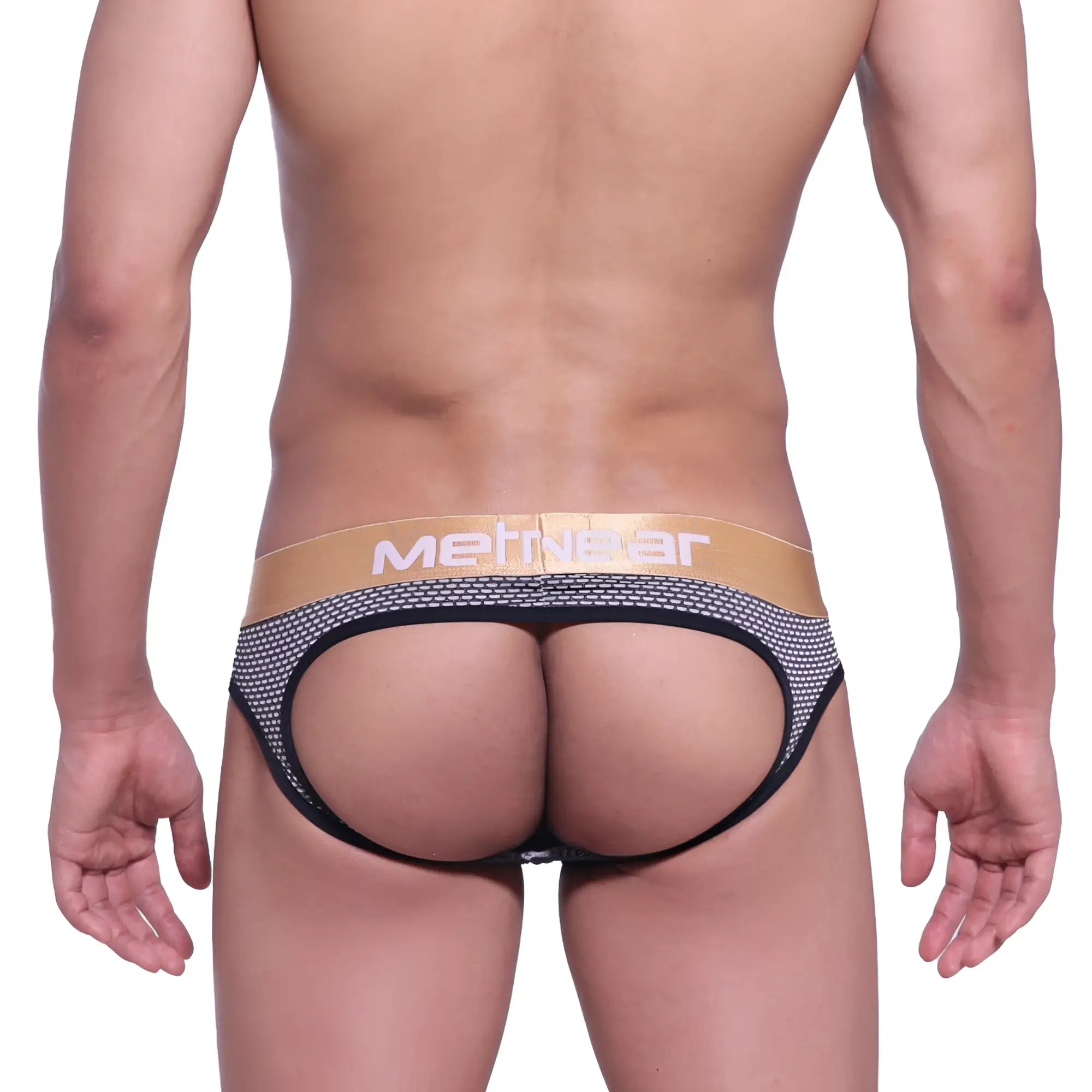 Black and gold mesh briefs with bold metnear logo on waistband from metro male wear asian jock honeycomb coffee 5001-83