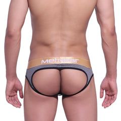 Black and gold mesh briefs with bold metnear logo on waistband from metro male wear asian jock honeycomb coffee 5001-83