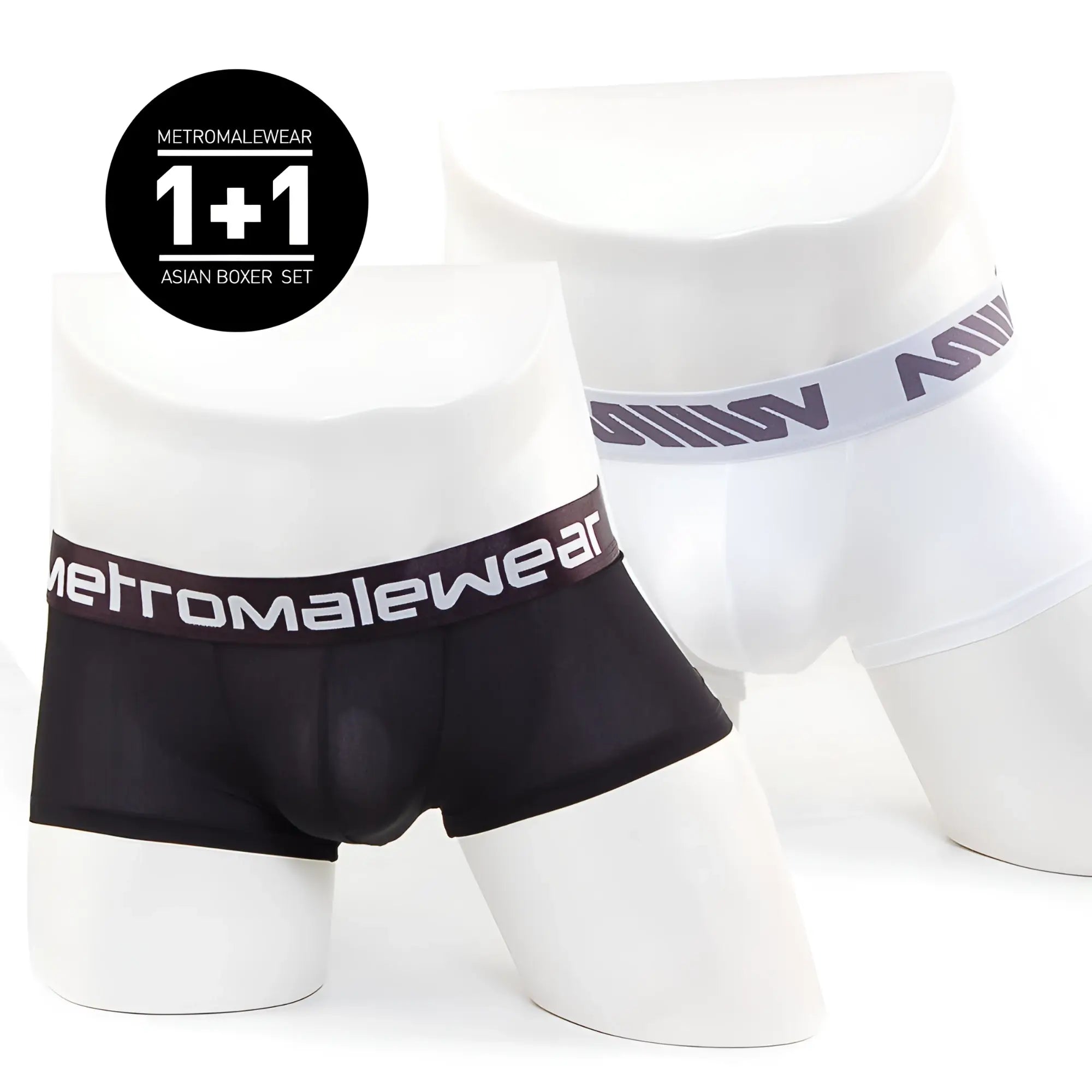 Black and white metromalewear asian short boxer set on mannequins made of soft breathable fabric for everyday wear