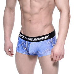 Blue denim-patterned boxer briefs with black metromalewear logo waistband metroMaleWear asian short boxer denim blue 2026-56