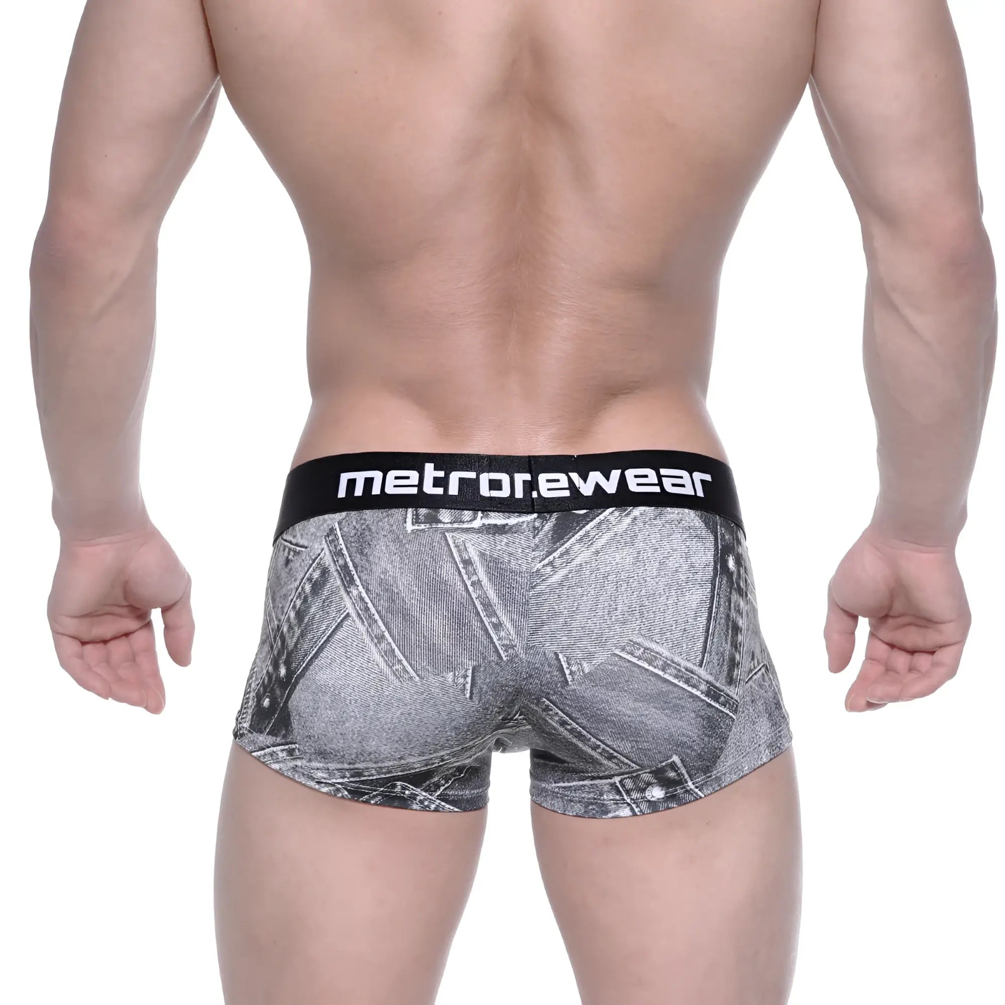 Black and gray denim-patterned boxer briefs with black waistband featuring metrorewear logo metro male wear 2026-55