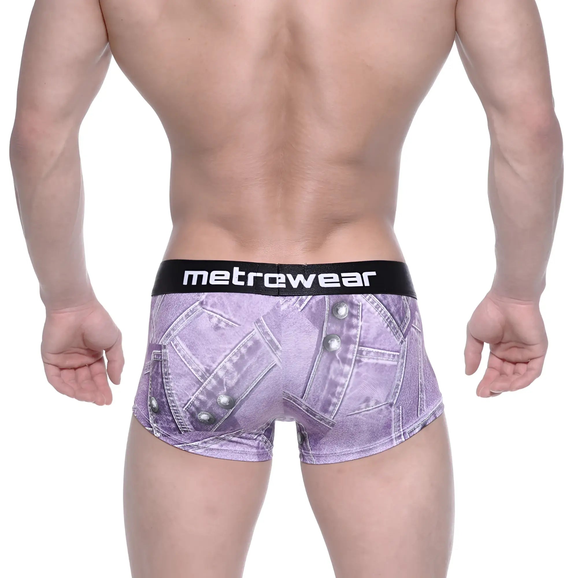 Purple denim-patterned metro male wear boxer briefs with black waistband and metrewear branding