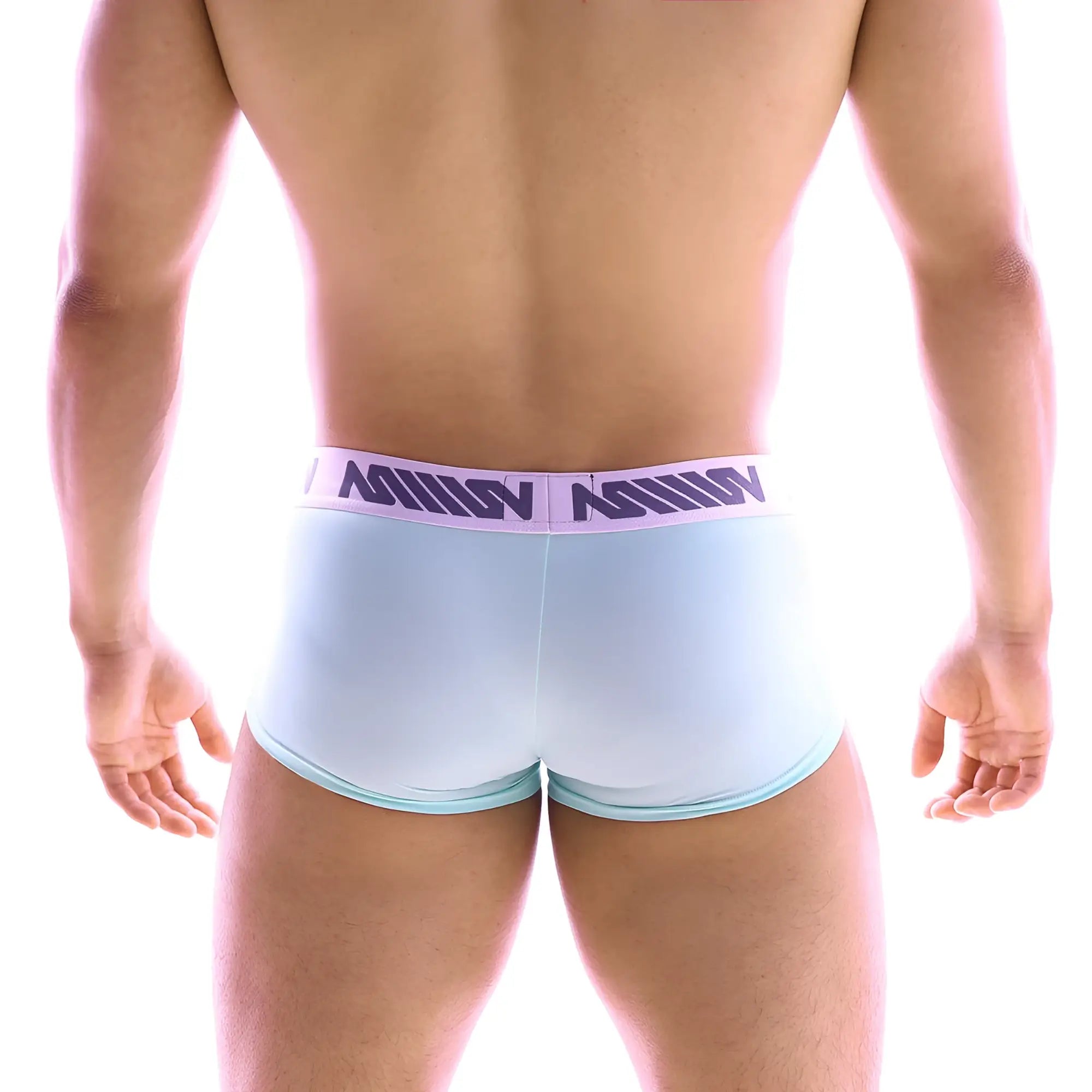 Light blue men’s briefs with purple logo waistband band from MetroMaleWear Asian Short Boxer Green 2026-07 collection