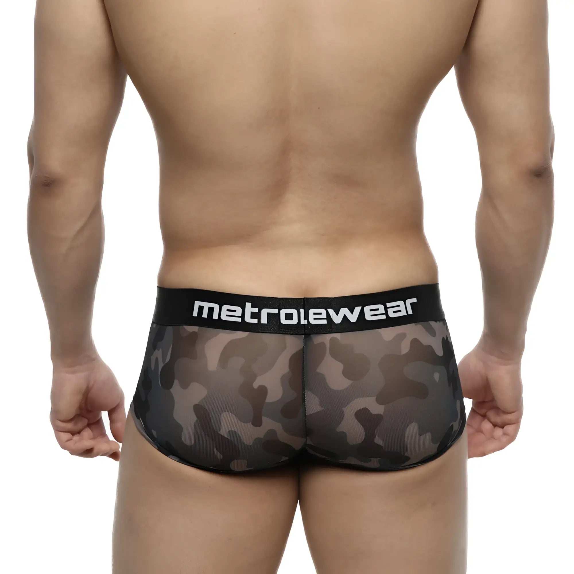 Black and gray camouflage mesh briefs with black waistband featuring metrowear logo metroMaleWear Asian Trunk Camo 2026-93