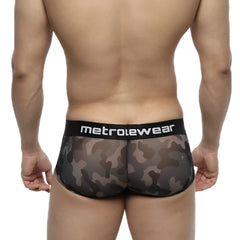 Black and gray camouflage mesh briefs with black waistband featuring metrowear logo metroMaleWear Asian Trunk Camo 2026-93