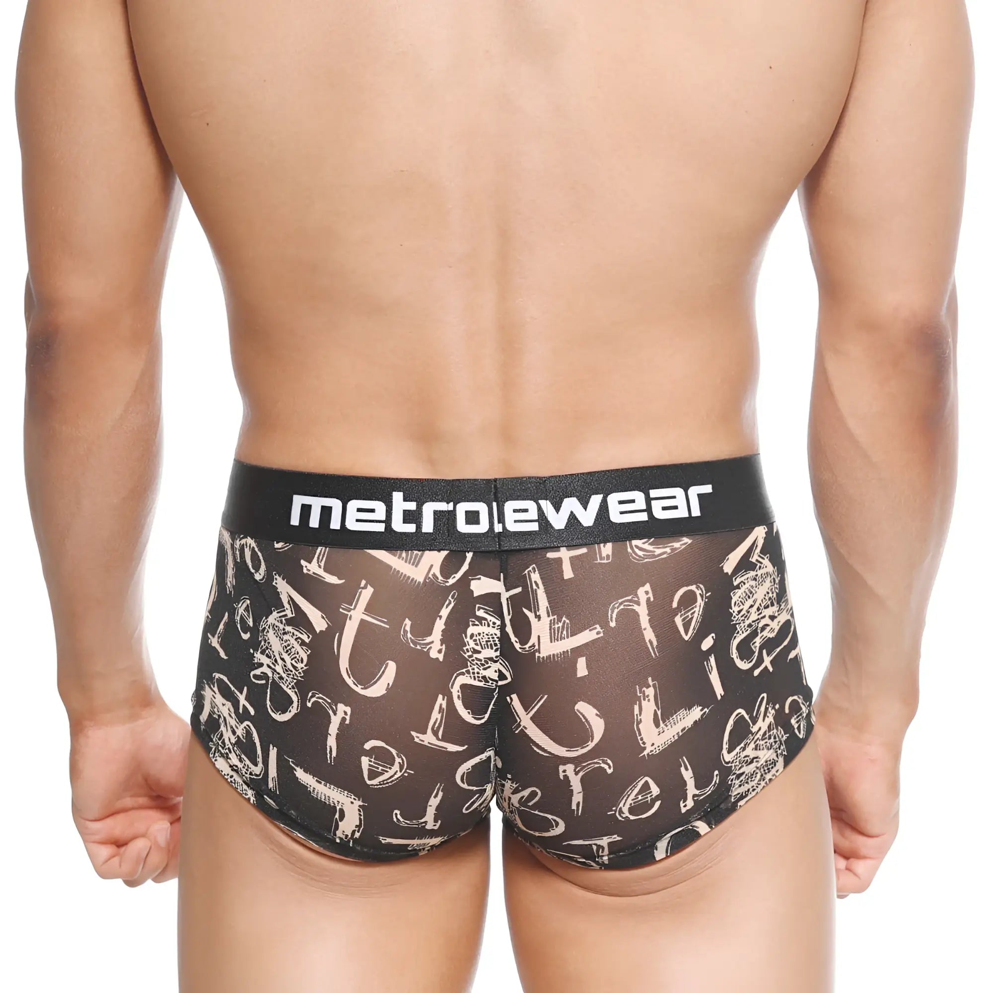 Black mesh briefs with white graffiti lettering and black waistband featuring metroewear logo metro malewear asian trunk