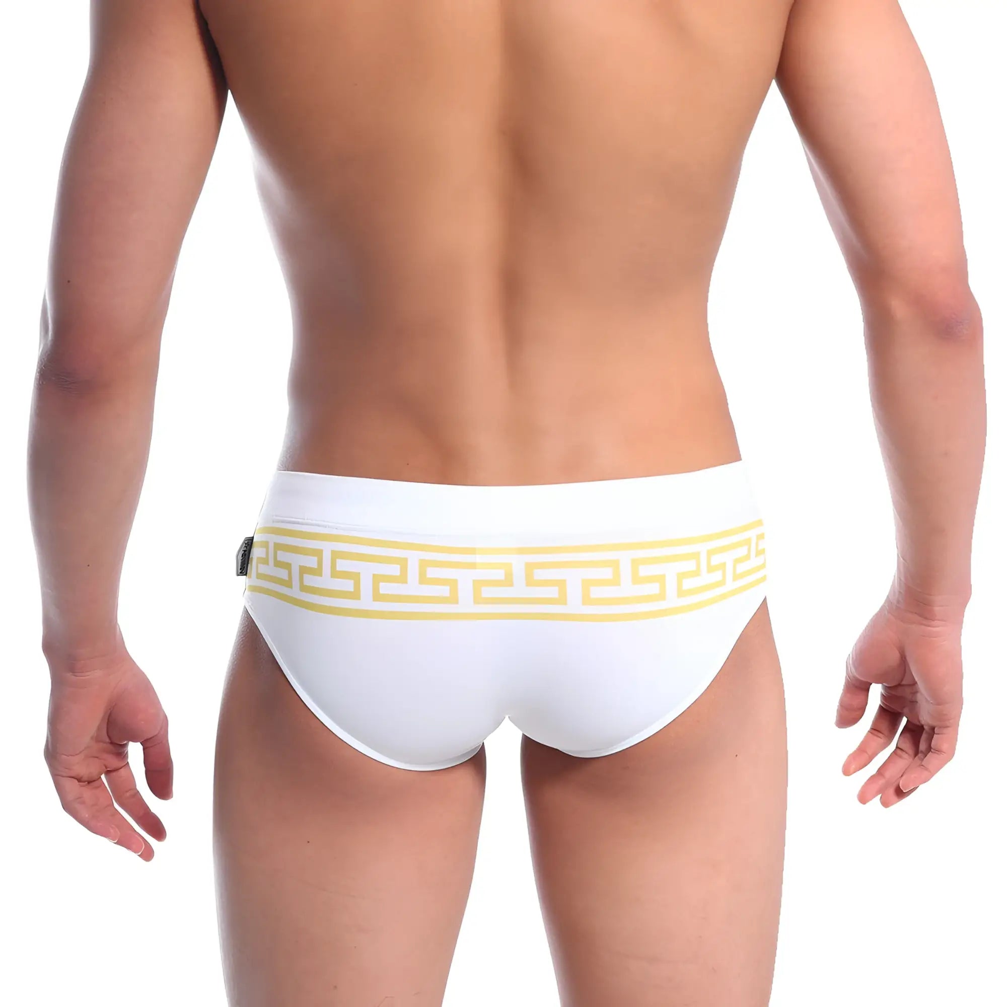 White MetroMaleWear Athen swim brief with bold yellow Greek key pattern on waistband for stylish beachwear