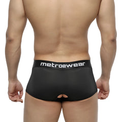 Black metro male wear atope trunk men’s briefs with white logo band and back cutout shown from the back side