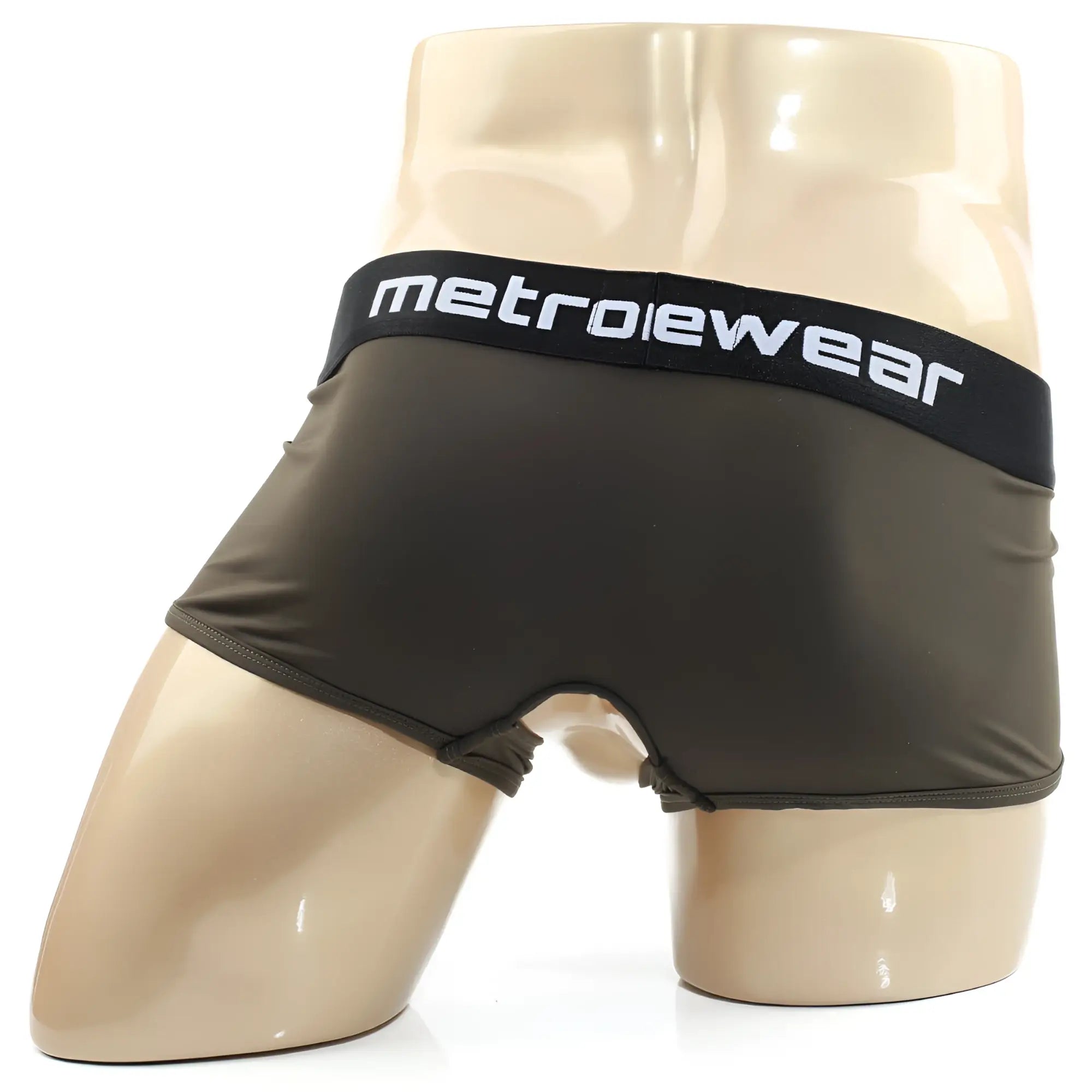 Dark olive green metro male wear atopec trunk boxer briefs with black waistband and white lettering