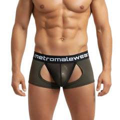 Olive green mesh briefs with black elastic waistband featuring metromalewear branding metro male wear atopec trunk khaki 7023-26