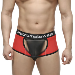 Red and black metromalewear atopec trunk briefs with sheer mesh panel showcasing front design