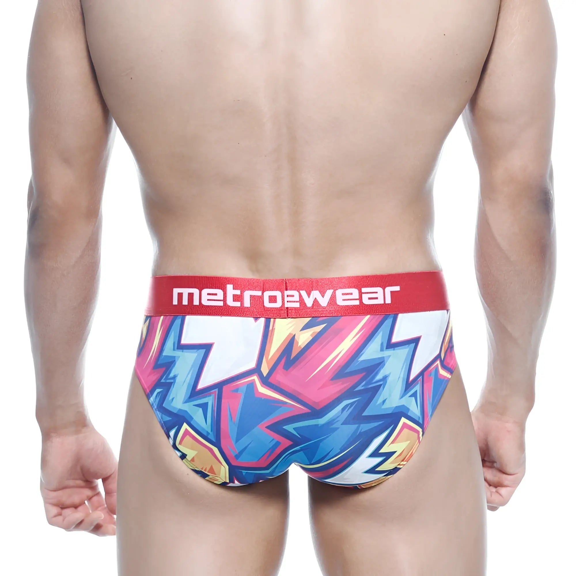 Vibrant metro2wear atractivo hip brief 5003-33 in bold pink blue yellow lightning bolt pattern with red branded waistband