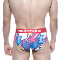 Vibrant metro2wear atractivo hip brief 5003-33 in bold pink blue yellow lightning bolt pattern with red branded waistband