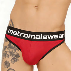 Red and black metromalewear audace bikini briefs with textured fabric finish front view