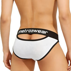 MetroMaleWear Audace bikini briefs in white and black textured fabric with bold branding on the waistband