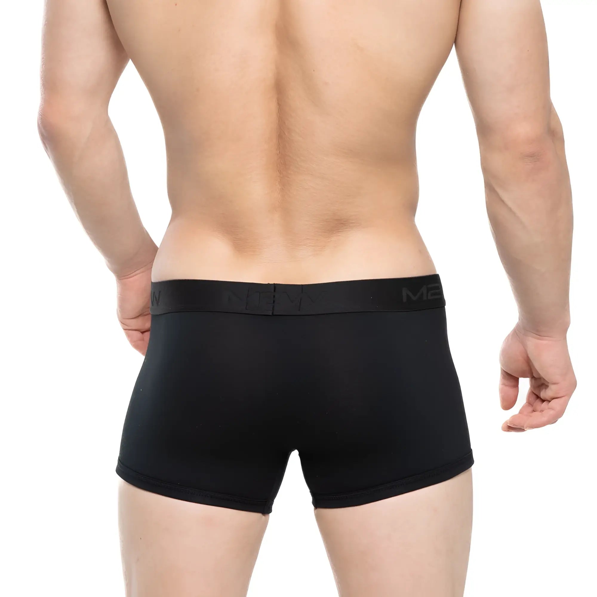 MetroMaleWear Avalon black boxer briefs with snug elastic waistband featuring subtle men branding for daily comfort