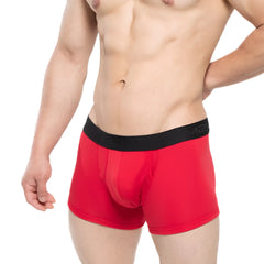 Red men’s boxer briefs with black elastic waistband featuring m2 logo from metrmalewear avalon collection