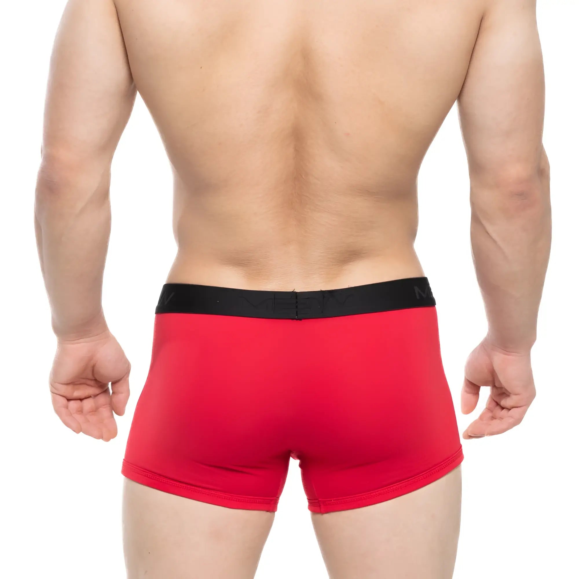 MetroMalewear Avalon red men’s boxer briefs with black elastic waistband designed for comfort and support