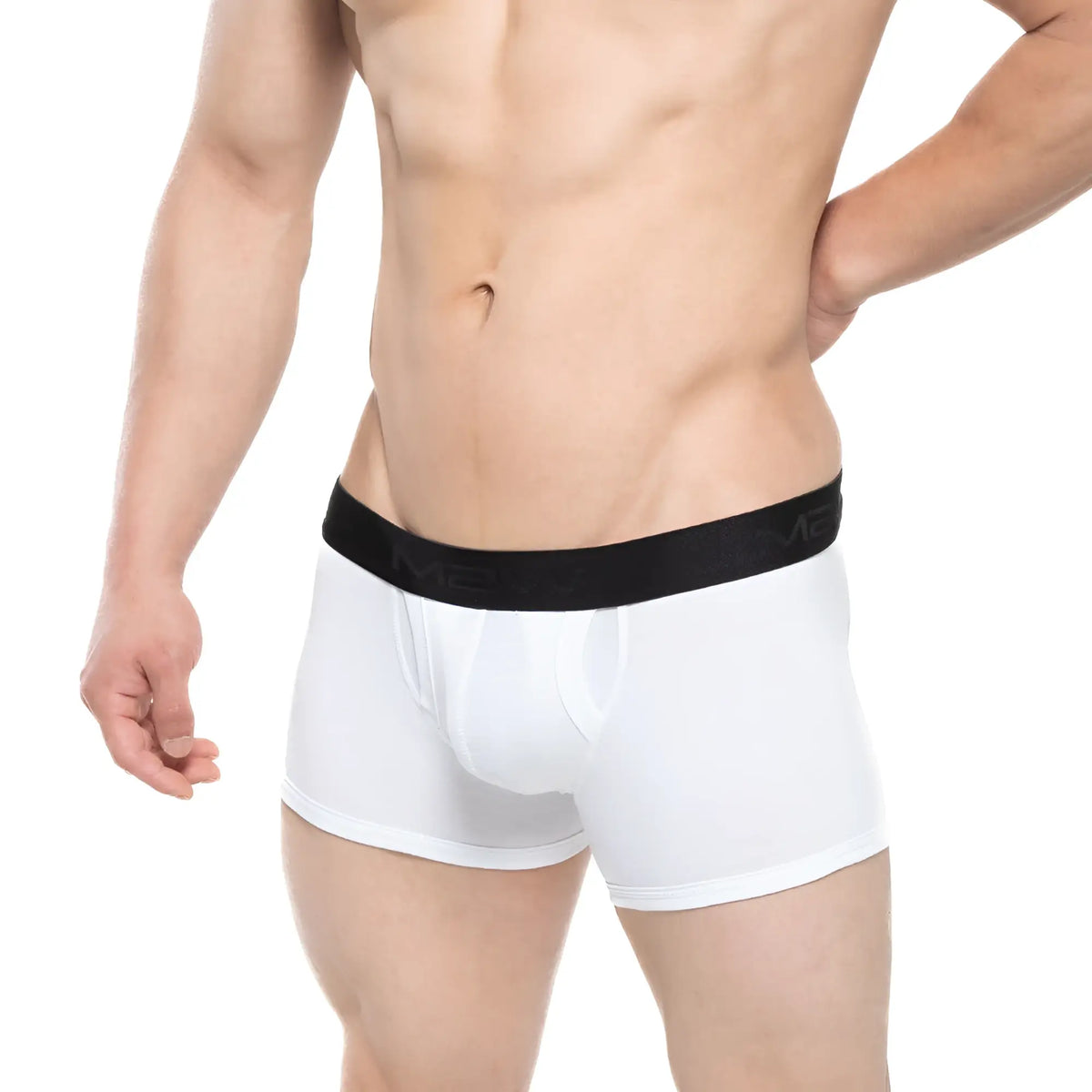 White boxer briefs with black elastic branded waistband from metromalewear avalon in soft breathable fabric