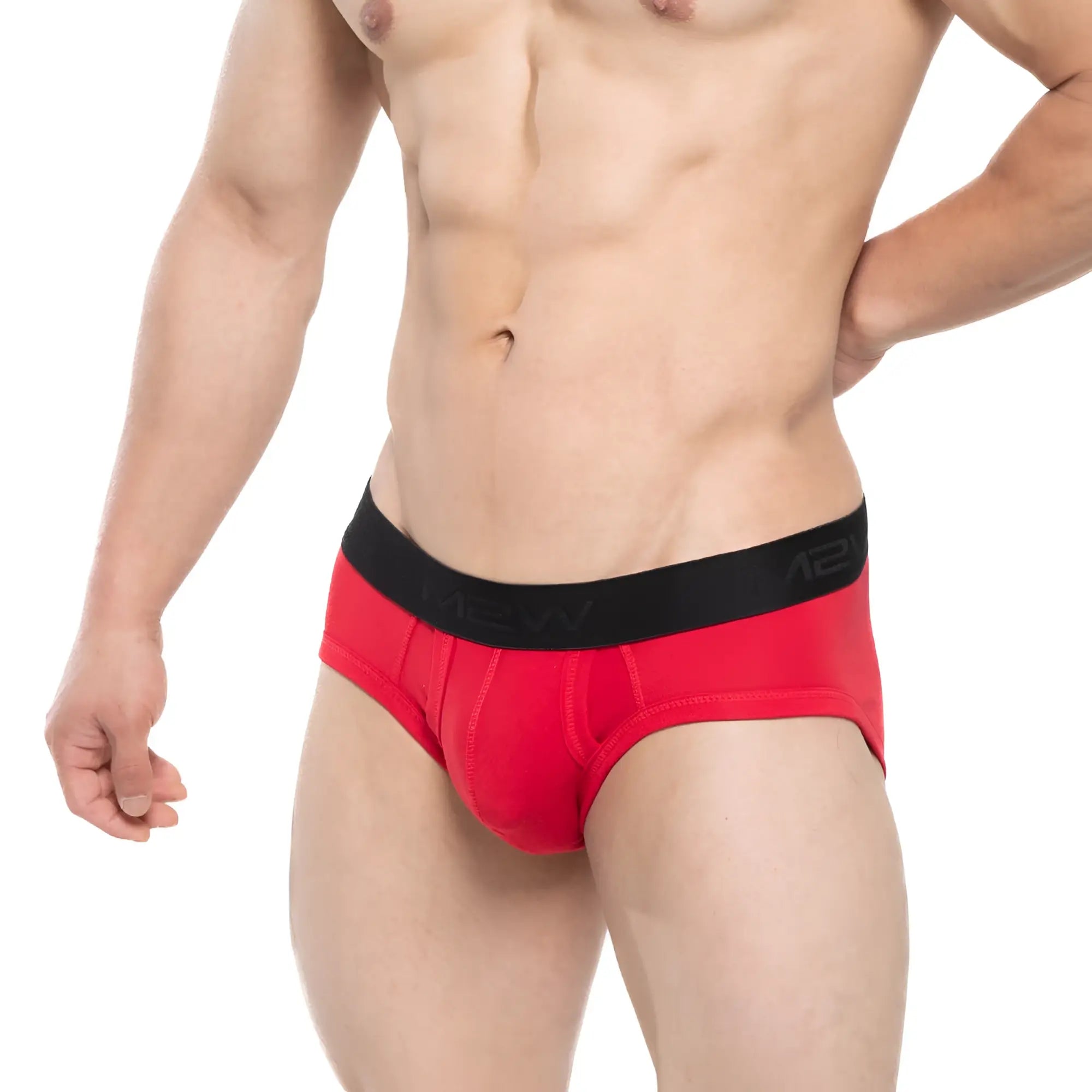 Red men’s briefs with a black elastic waistband featuring the mew brand logo metroMalewear avalon brief red 3036-12