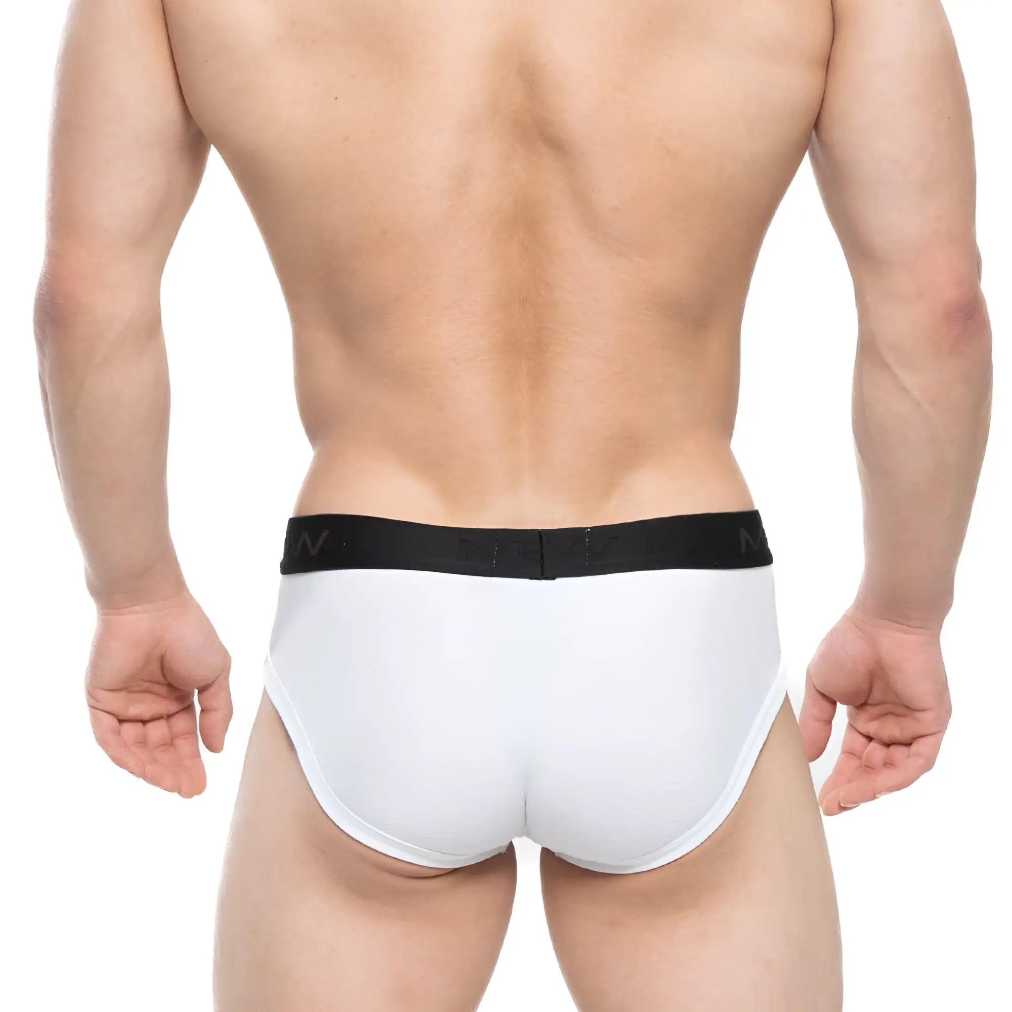 White brief with black elastic waistband featuring the MetroMaleWear logo designed for comfort and support