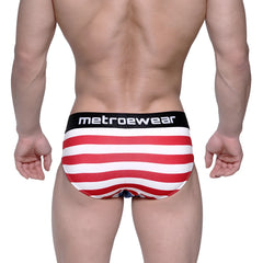 Men’s briefs with red and white stripes and a black metroewear waistband from MetroMaleWear Avengers Hip Brief 5003-93
