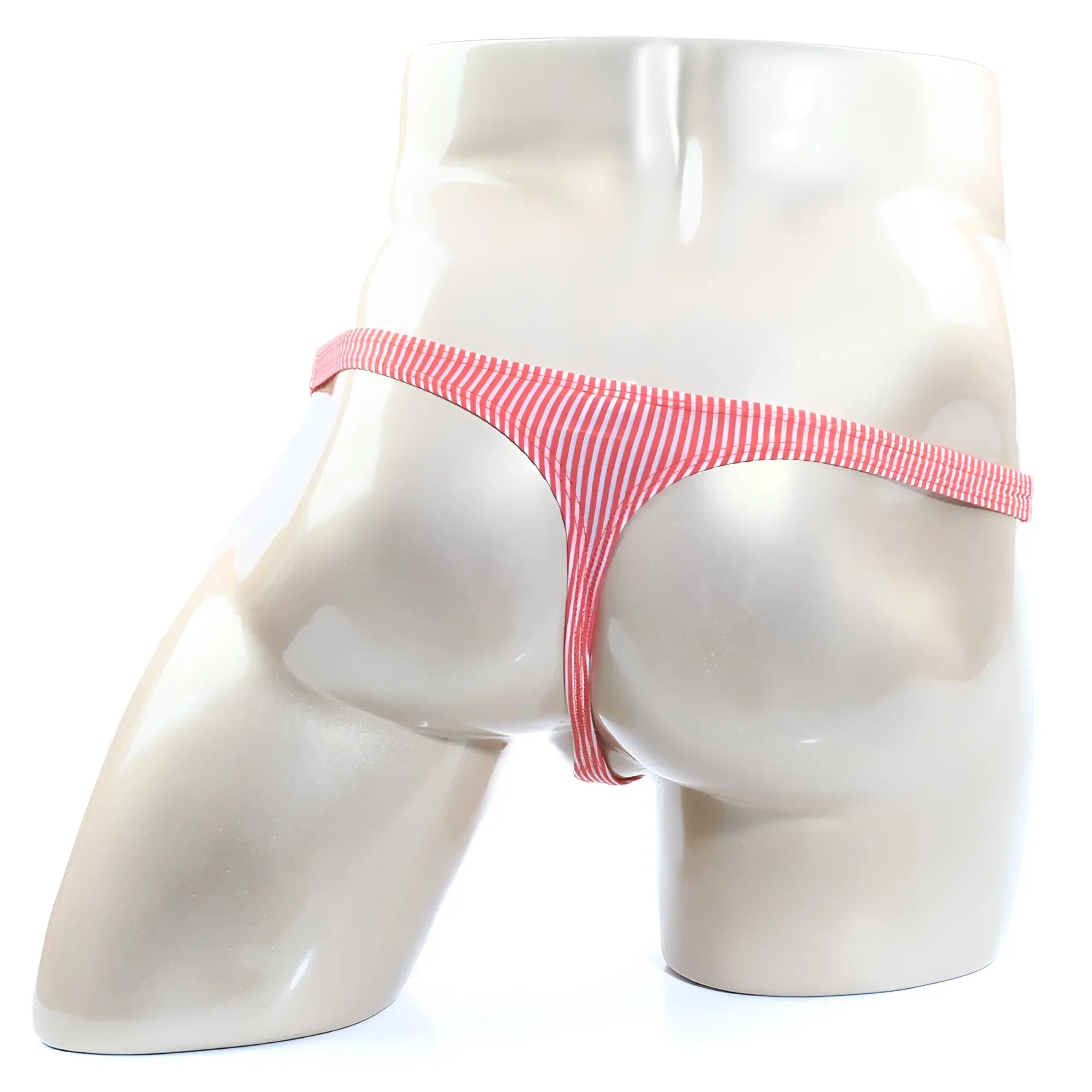 Pink and white striped stretchy fabric thong by metromalewear shown from the front in product awesome thong orange 2302-s02