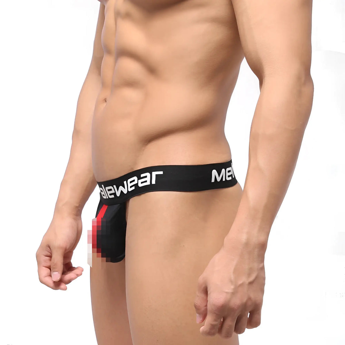 Black mens briefs with white malewear branding on waistband and a red accent panel back side shown