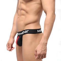 Black mens briefs with white malewear branding on waistband and a red accent panel back side shown