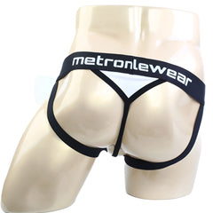 Black and white metromalewear ball holder jock strap thong with wide waistband and bold white brand lettering