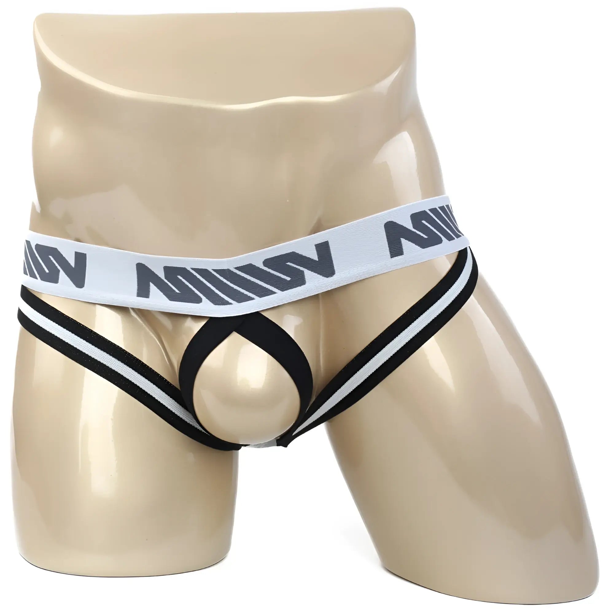 Men’s black and white striped briefs with branded waistband metro malewear ball lifter jock strap white 0012-00