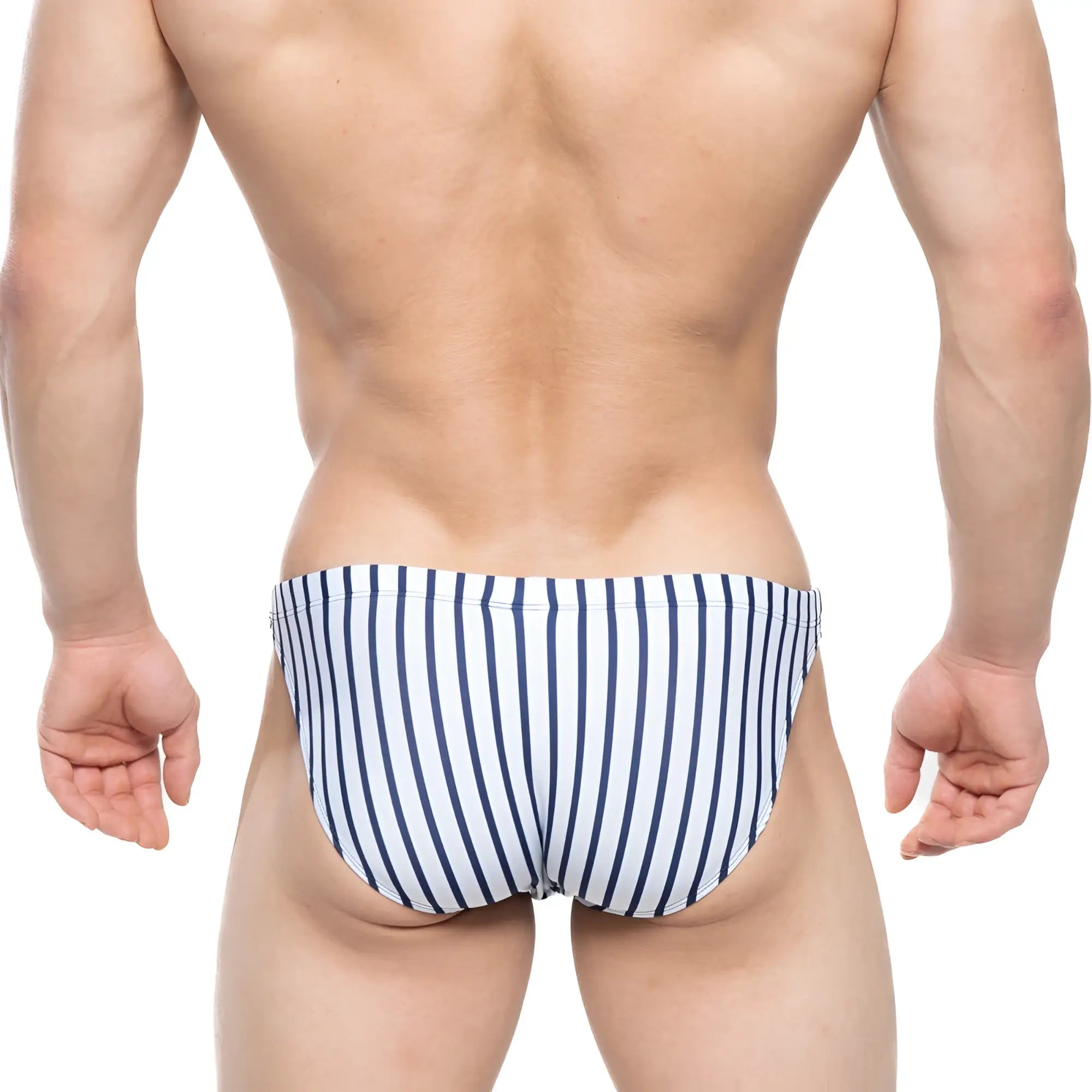 MetroMalewear ball park swim bikini 4987-40 navy blue and white striped men’s swim trunks ideal for beachwear