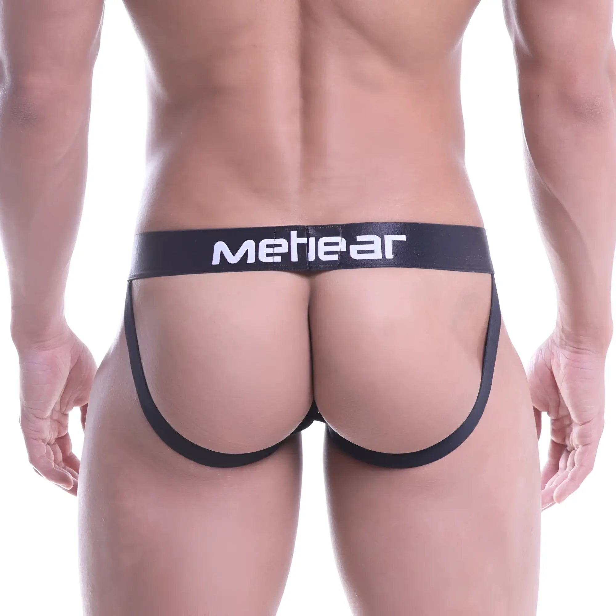Black meheear brand briefs with white lettering on waistband shown from the back in metro malewear bandal jock strap white 2901-32