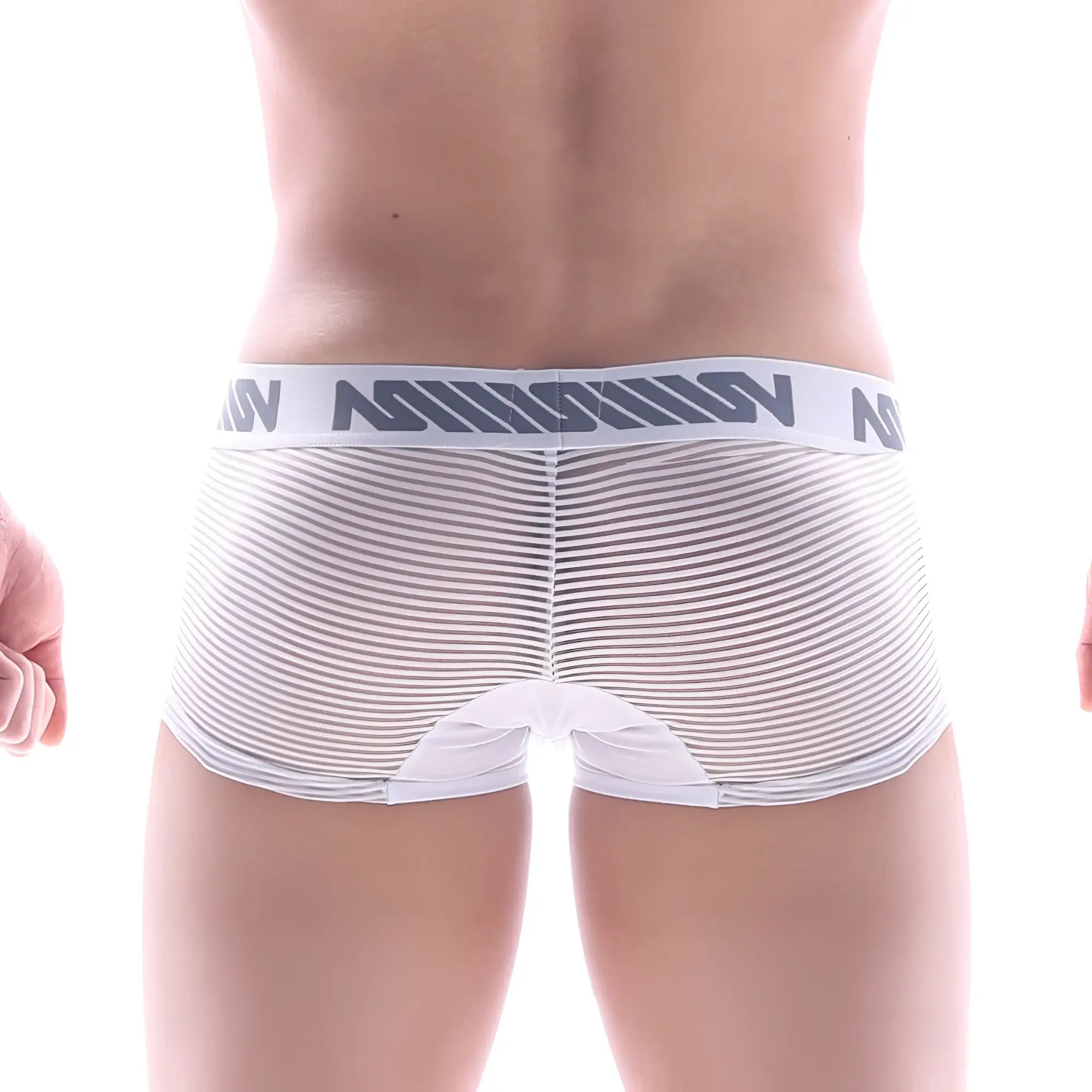 White mesh briefs with a gray and white striped waistband featuring the mission logo from MetroMaleWear Bar Short Boxer 7 inch