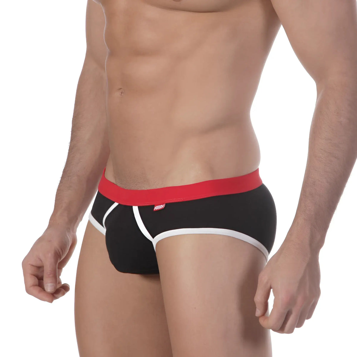 MetroMalewear Bare lowrise brief in black with a red waistband white trim and puma logo on the side