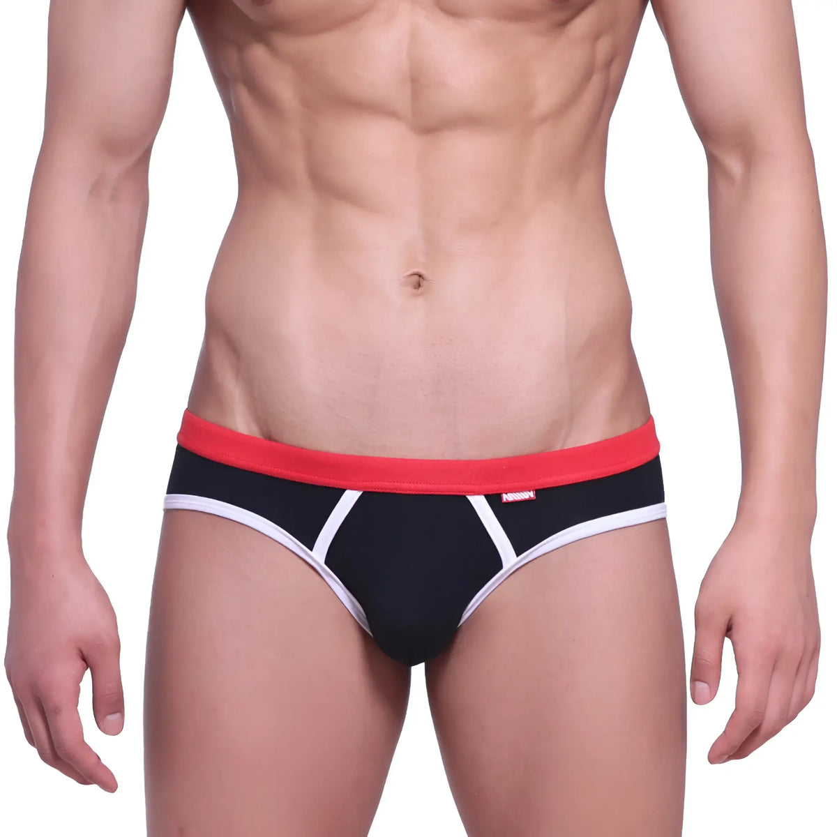 Black briefs with red waistband and white trim featuring subtle logo on side metro male wear bare lowrise jock strap