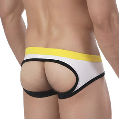 MetroMaleWear bare lowrise jock strap in white black and yellow with a cutout design for comfortable support