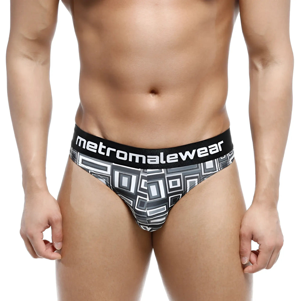 MetroMalewear Basalto half back bikini briefs in black and gray geometric pattern with branded waistband
