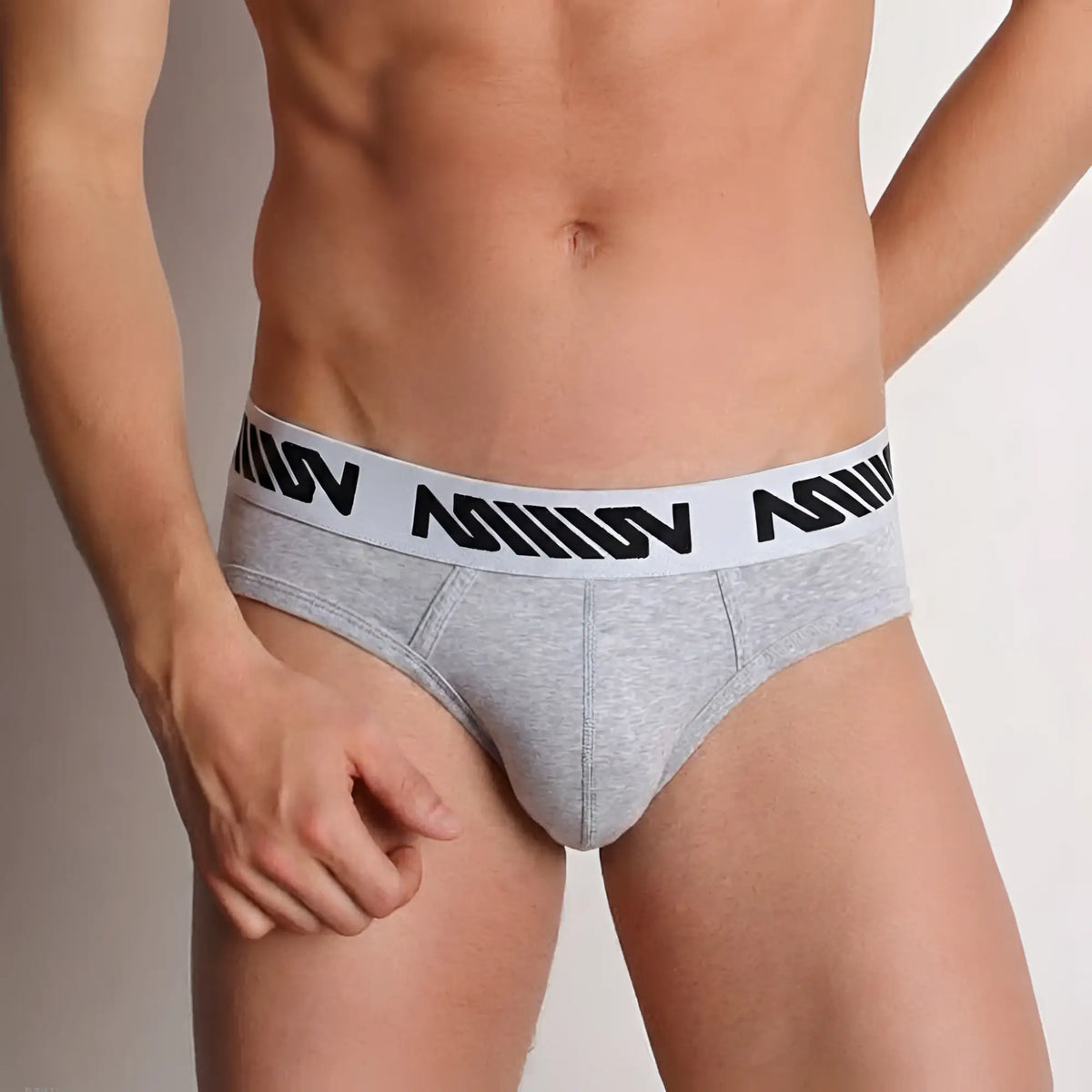 Gray heathered metro malewear basic hip briefs with white elastic waistband and black miiow branding