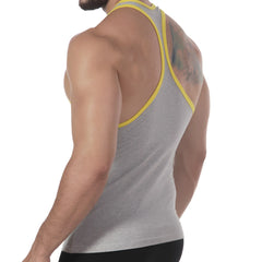 Gray athletic tank top with yellow trim along neckline and armholes from MetroMaleWear basic tank top collection