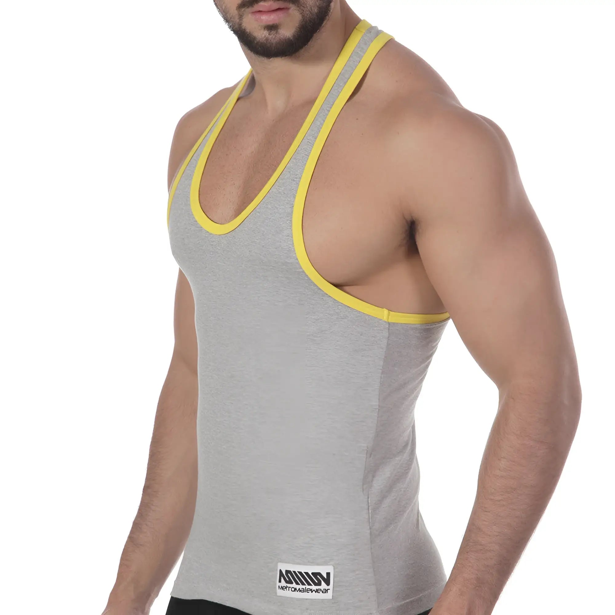 MetroMaleWear basic tank top grey heathered fabric with bright yellow trim along neckline and armholes