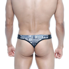 Black MetroMaleWear Basic Thong Basalto 2502-23 with white and gray geometric pattern showing back side