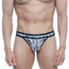 Black and white cityscape-patterned MetroMaleWear basic thong Metro 2502-48 showing front side design