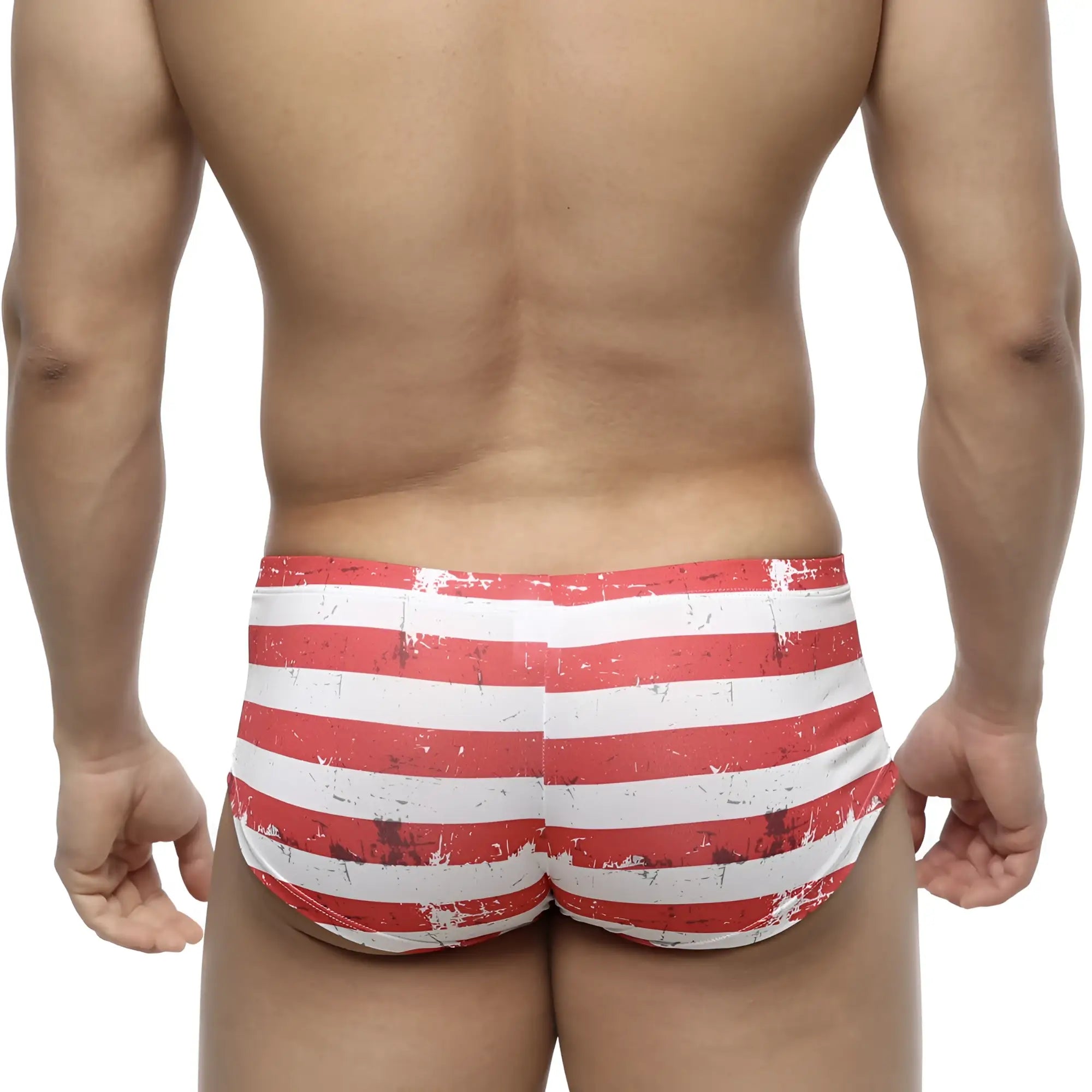 Red and white striped swim trunks with a distressed vintage look MetroMaleWear Batalla Boxer 2125-92 front view